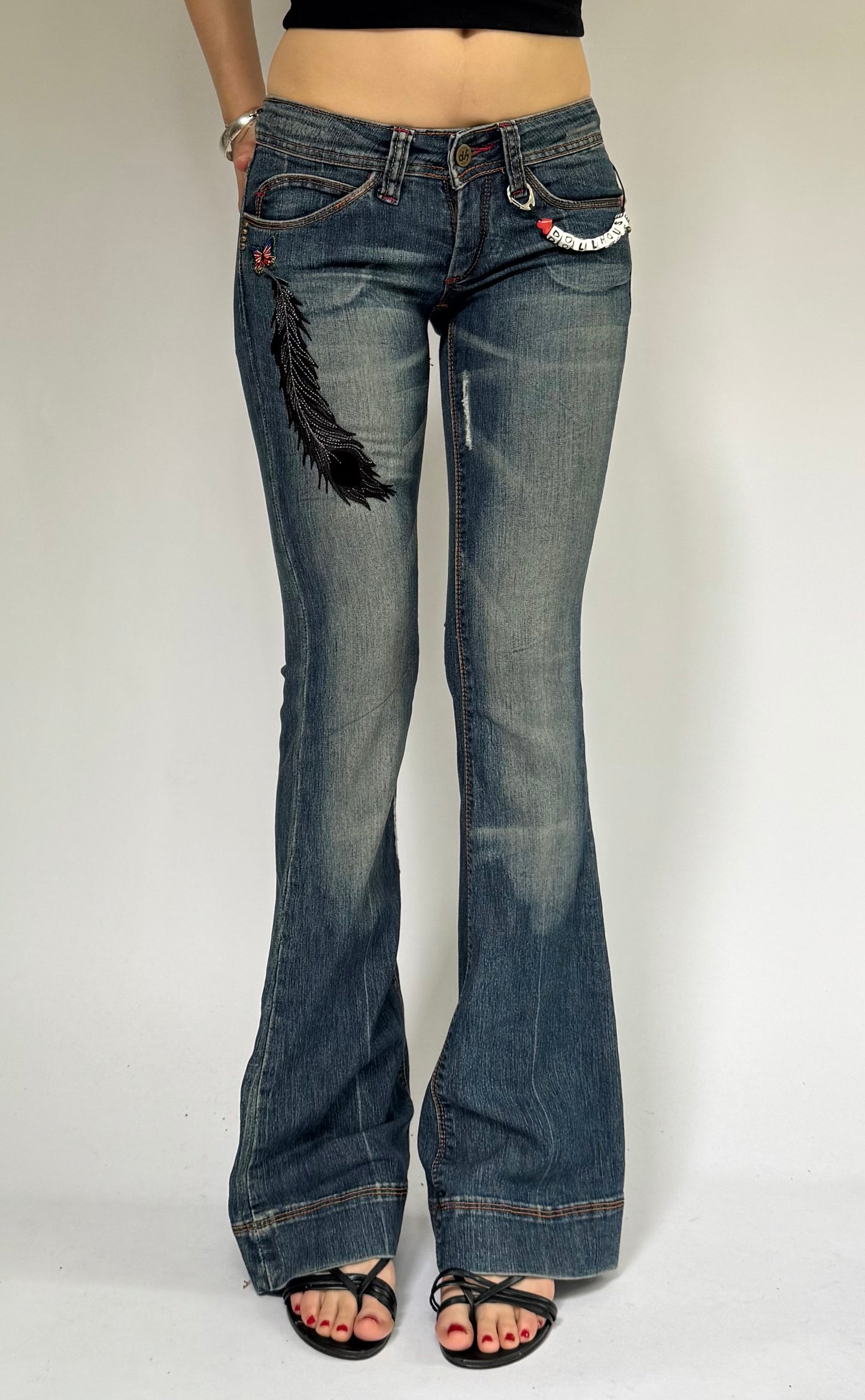 Y2k Deadstock DOLLHOUSE low rise flared jeans with embroidery and charms