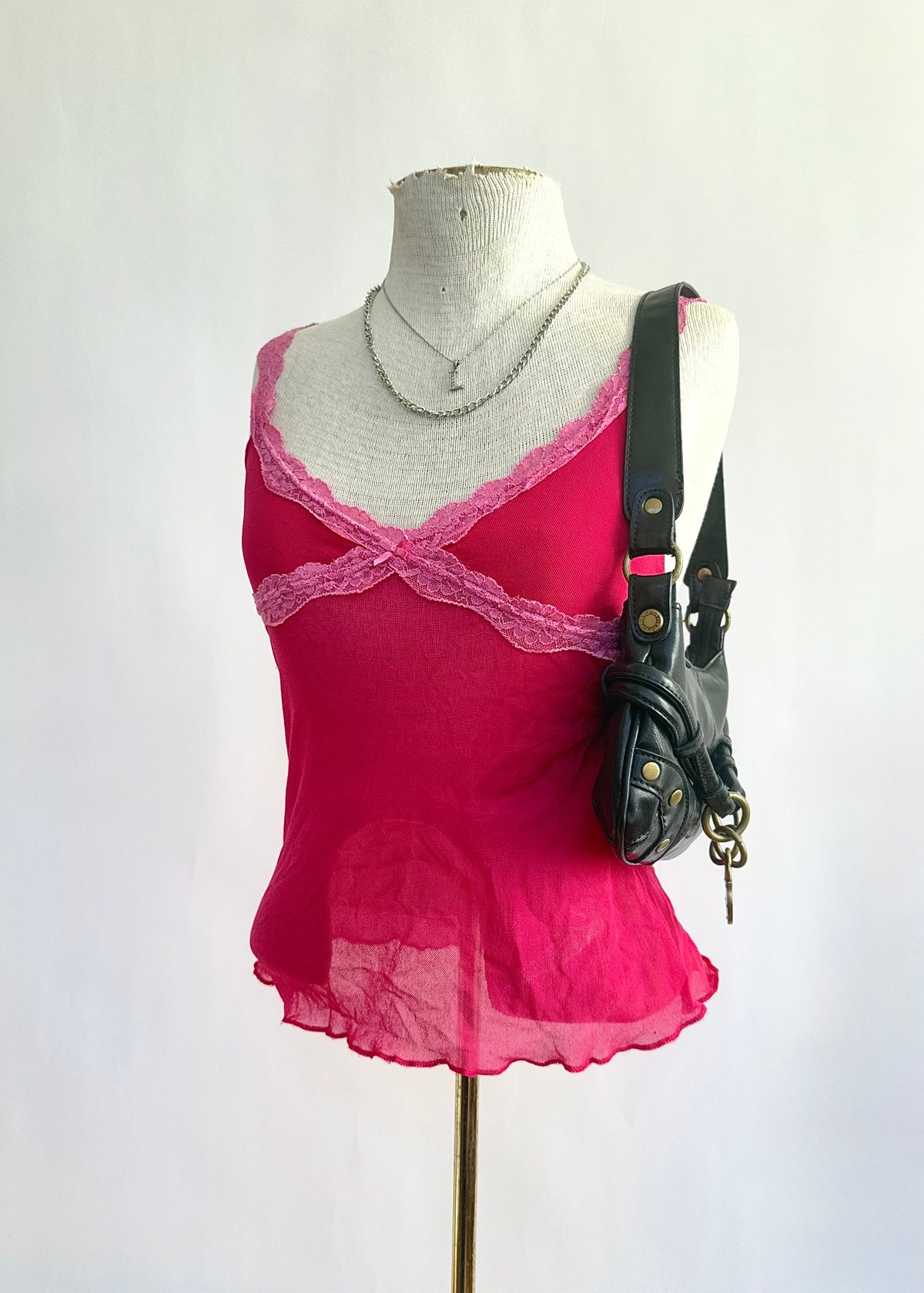 Y2K Pink mesh and lace cami top