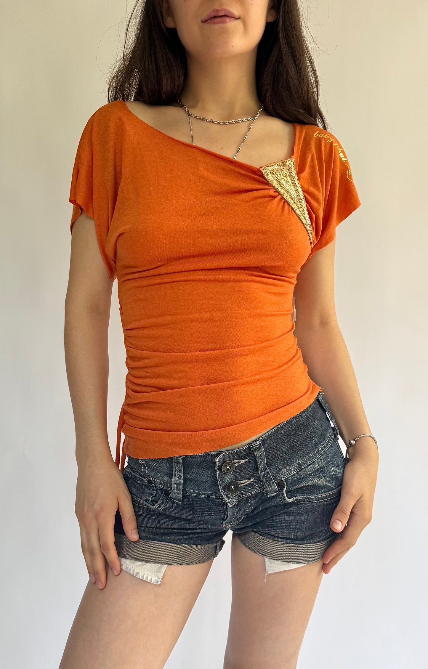 Y2K Deadstock BABYPHAT orange off the shoulder top with gold detailing and side tie