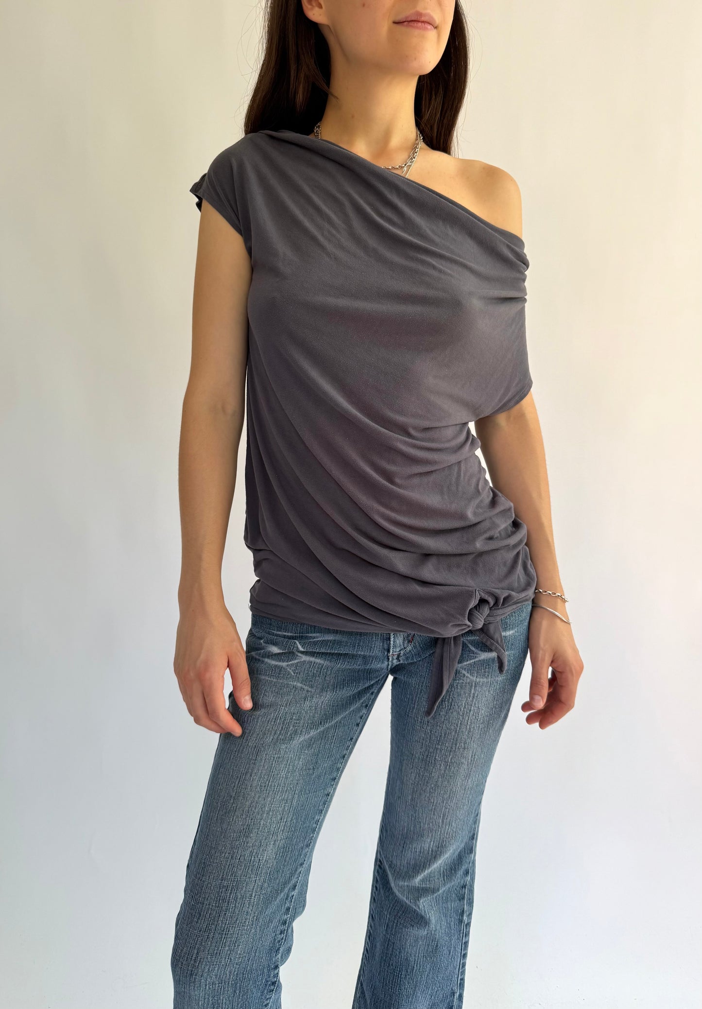 Y2K dark grey slouchy off the shoulder top grunge core