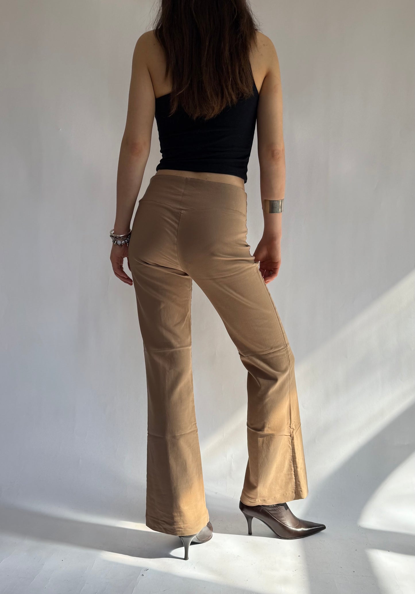 Y2K tan mid rise flare pants with lace up detail