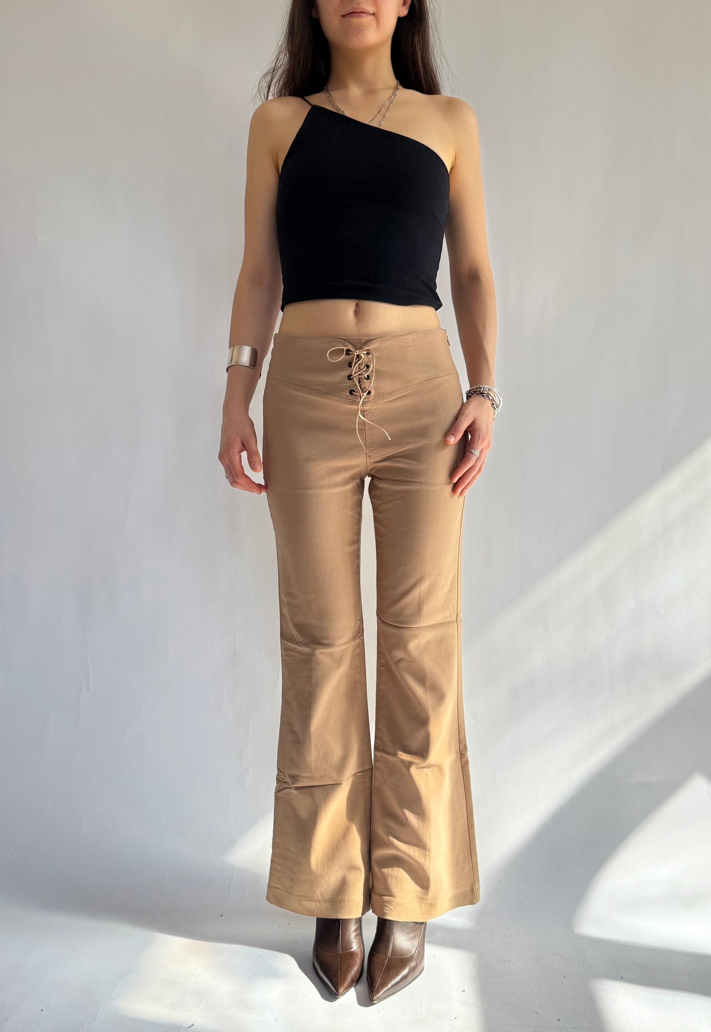 Y2K tan mid rise flare pants with lace up detail