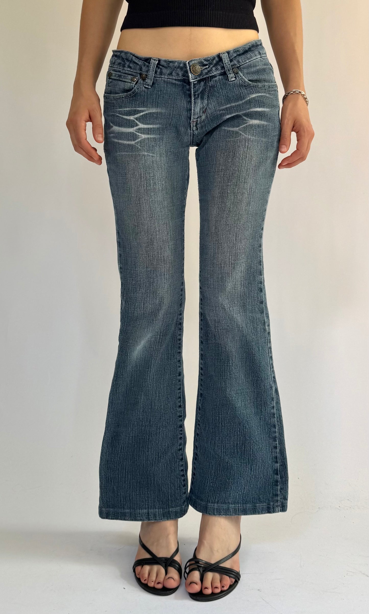 Y2K Low rise flare jeans with acid prints by XTC JEANS