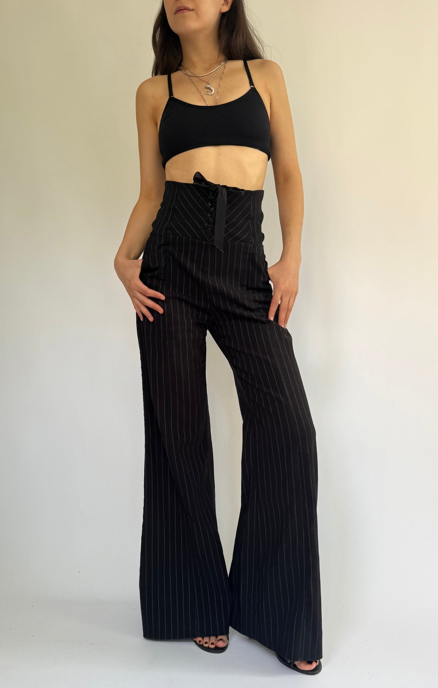 Y2K lace up flared pinstriped pants by le chateau vintage