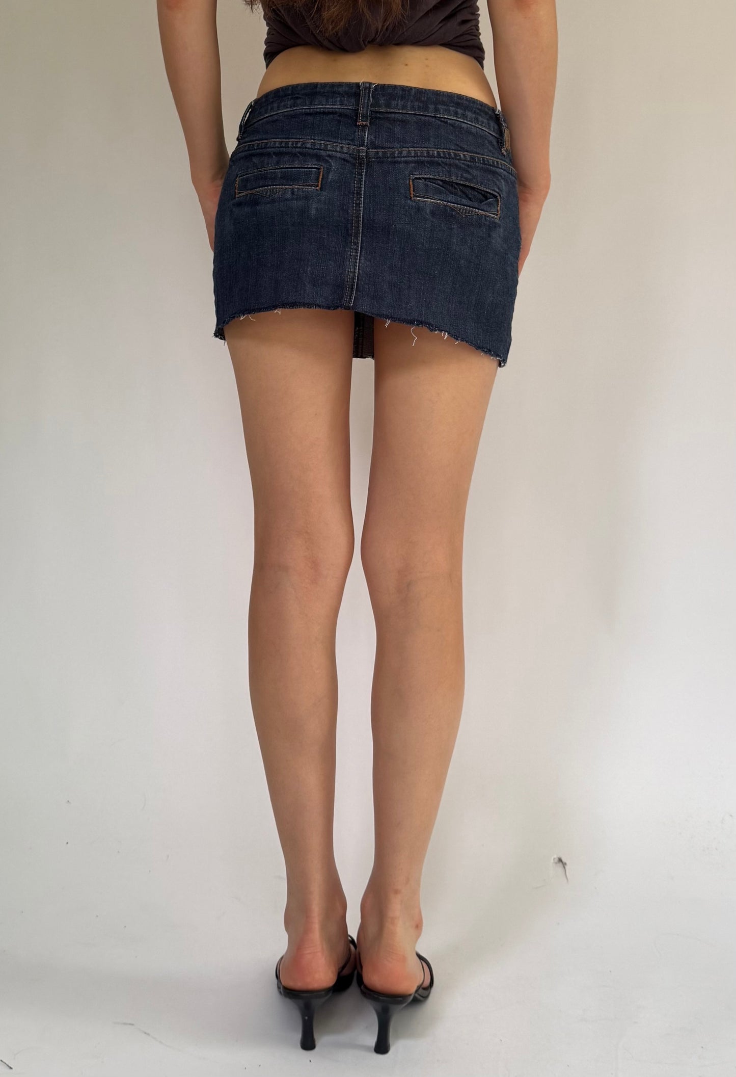 Y2K low rise dark wash denim mini skirt