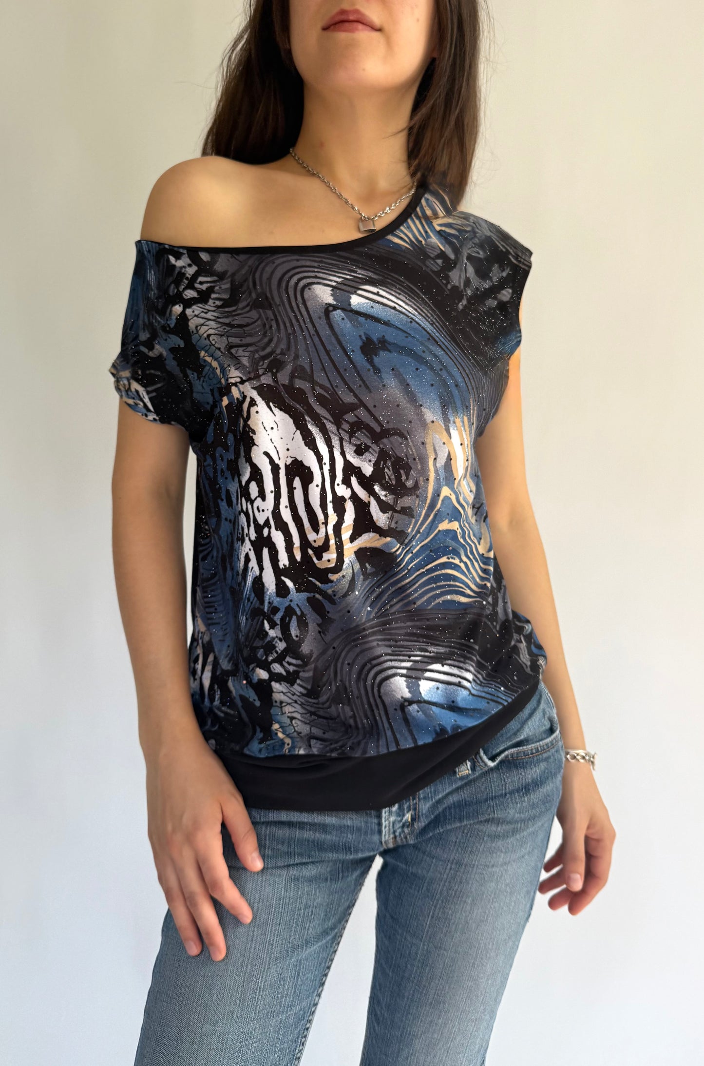 Vintage 90s black and blue sparkling animal print top