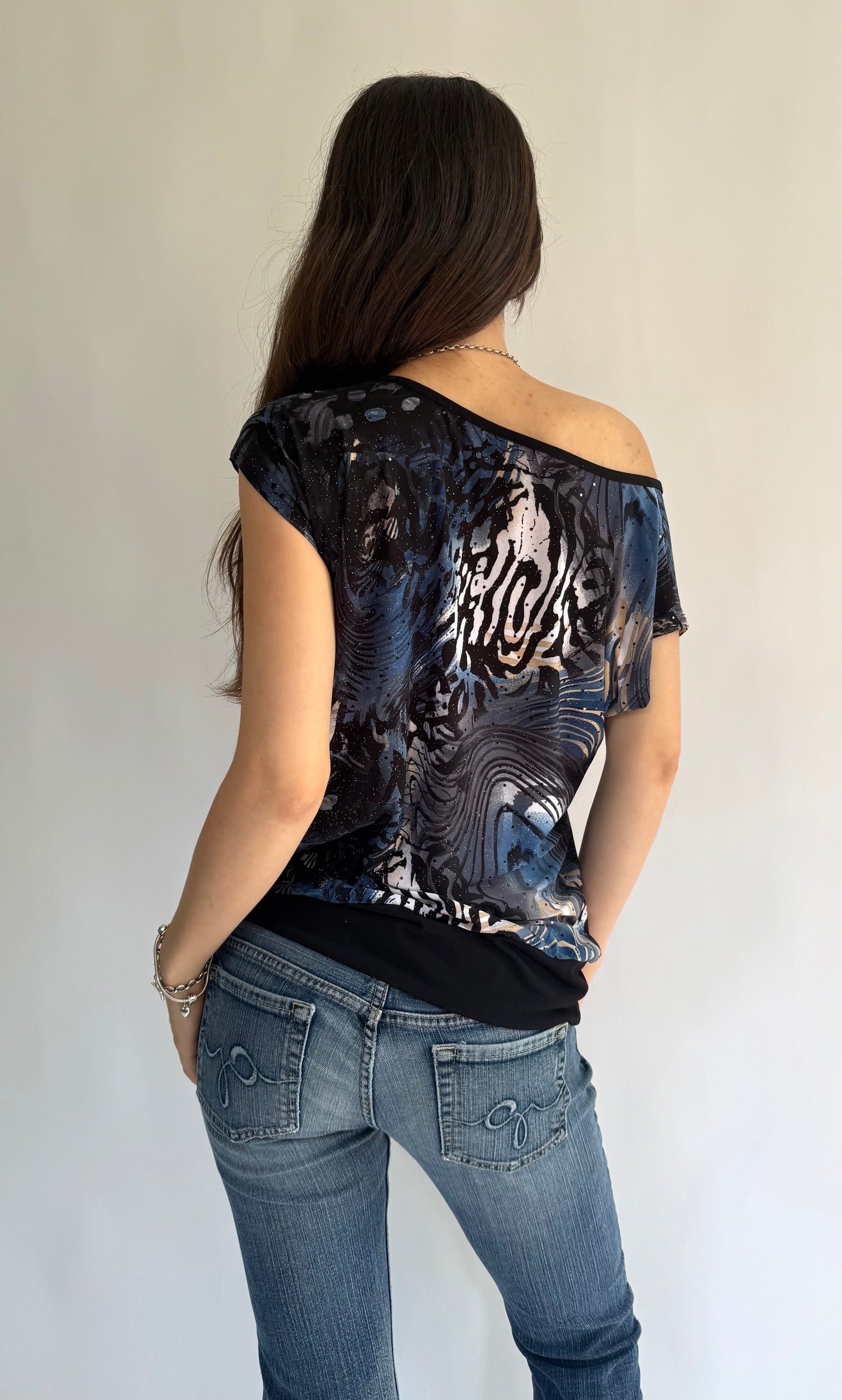 Vintage 90s black and blue sparkling animal print top
