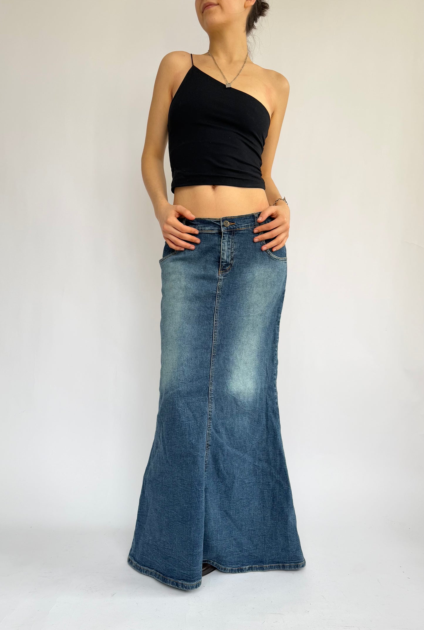 Y2K maxi low rise denim skirt