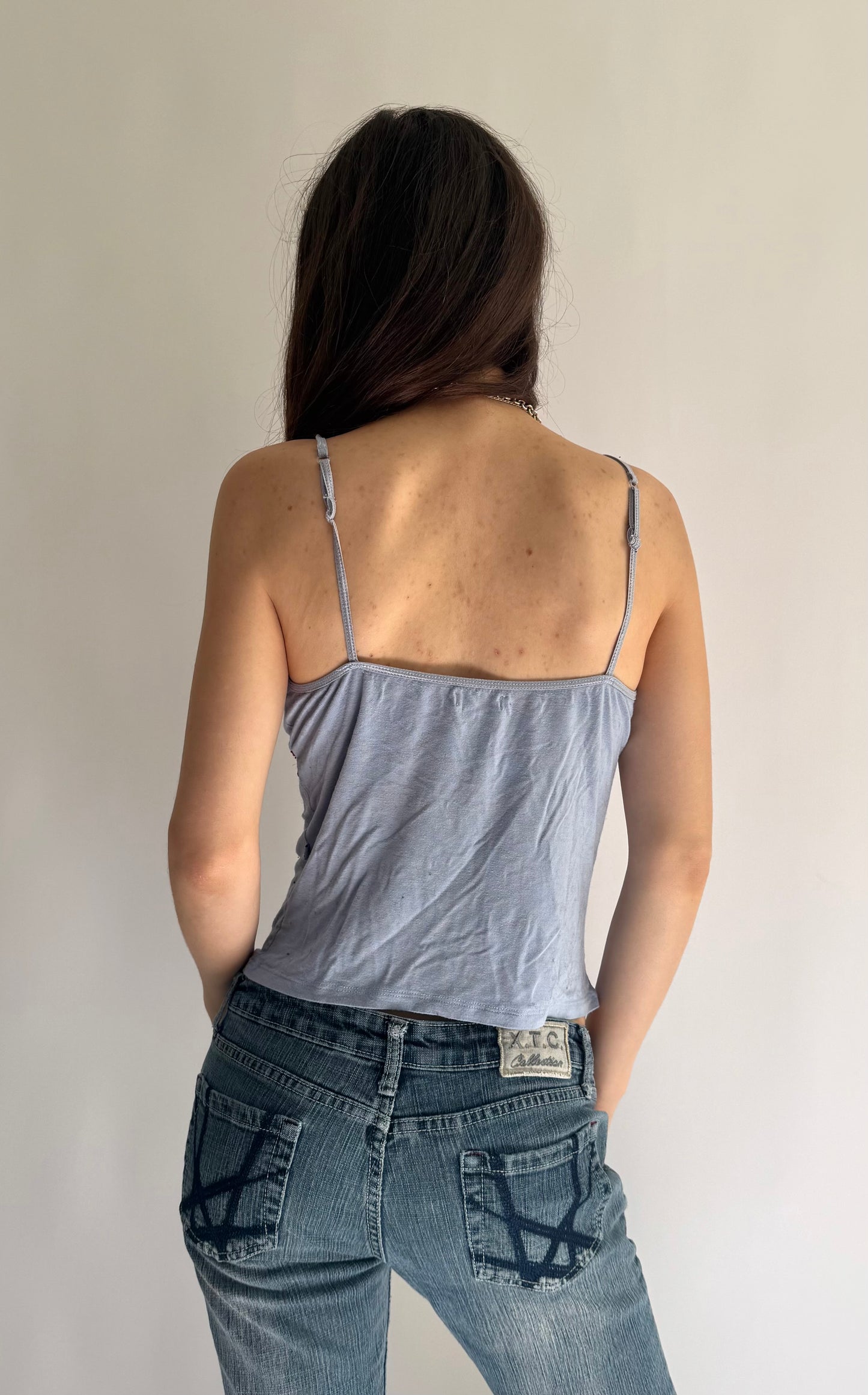 Y2K baby blue cami with red lace trim