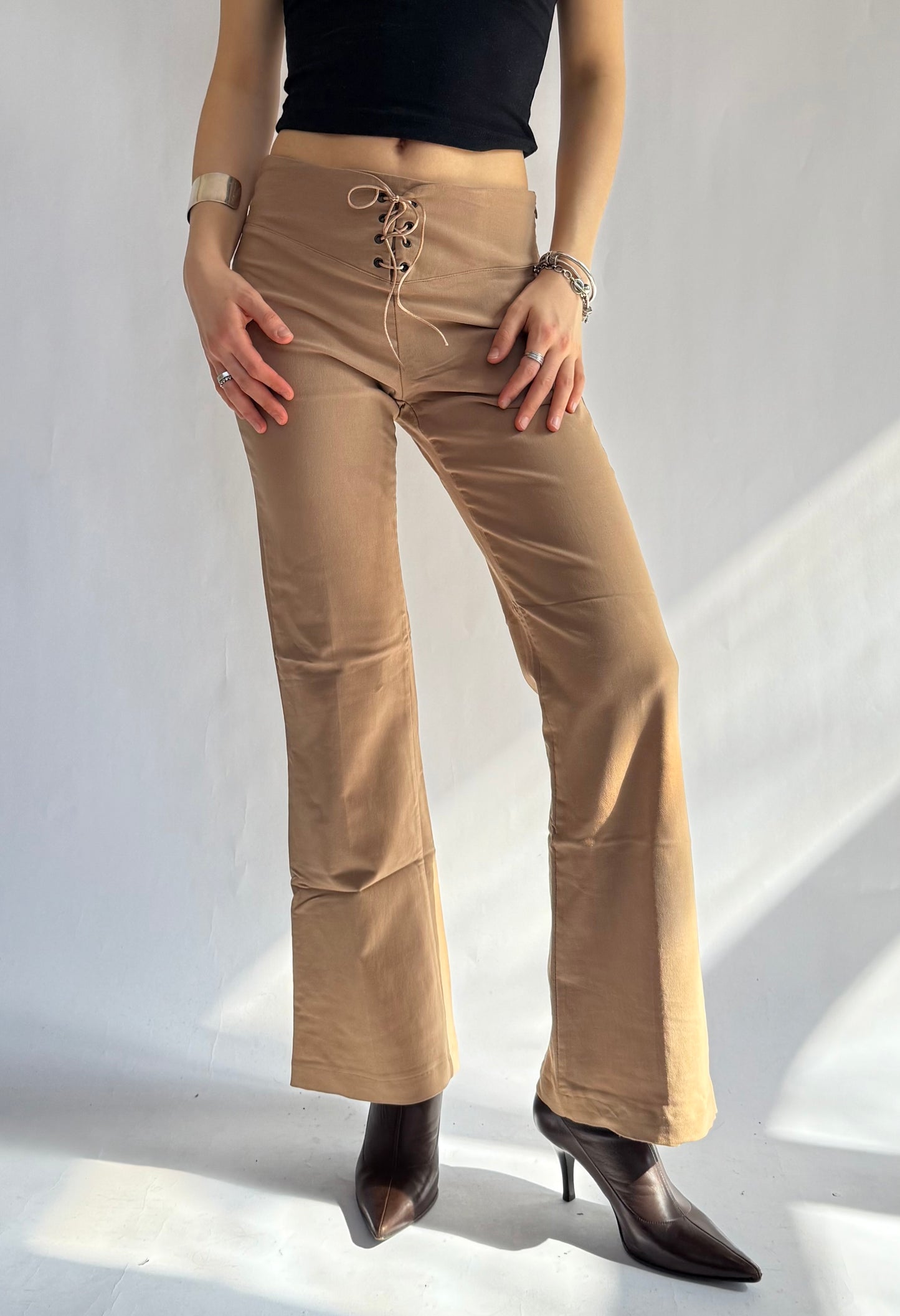 Y2K tan mid rise flare pants with lace up detail