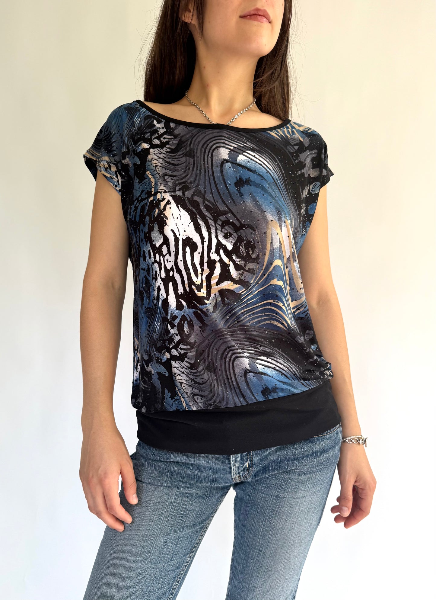 Vintage 90s black and blue sparkling animal print top