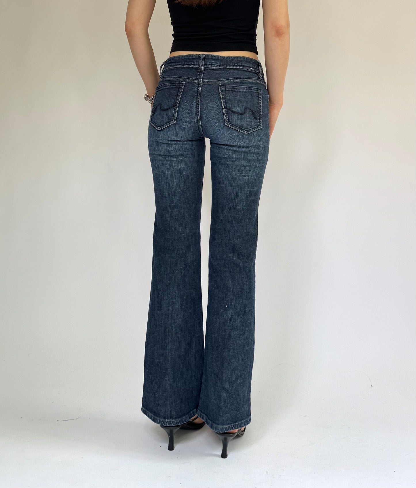 Y2K low rise dark wash flared leg jeans