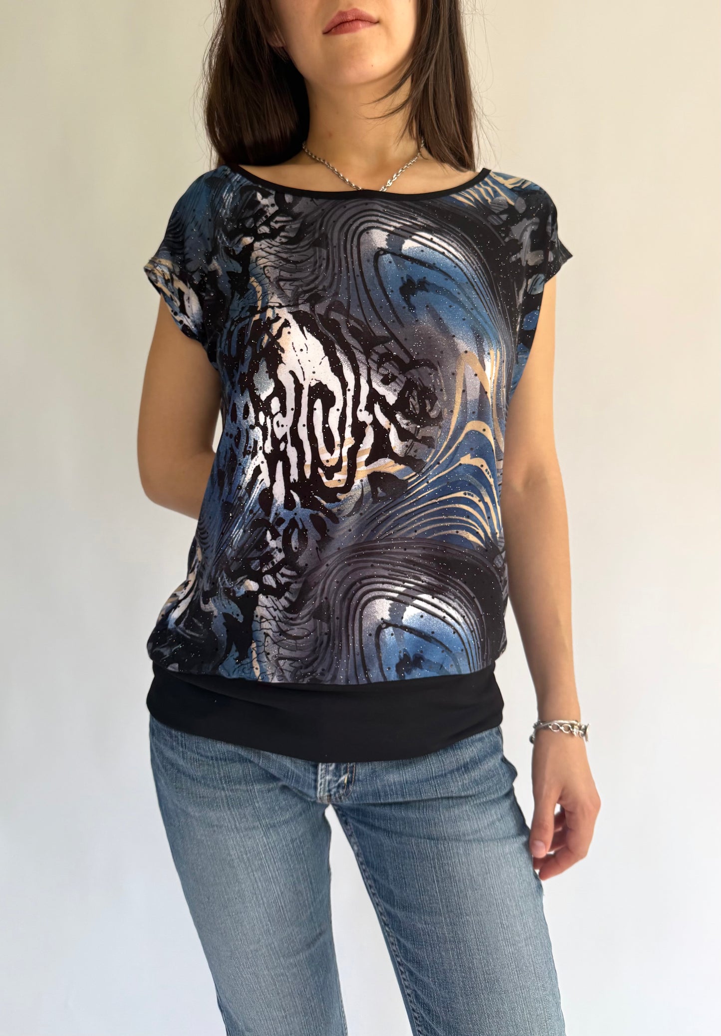 Vintage 90s black and blue sparkling animal print top