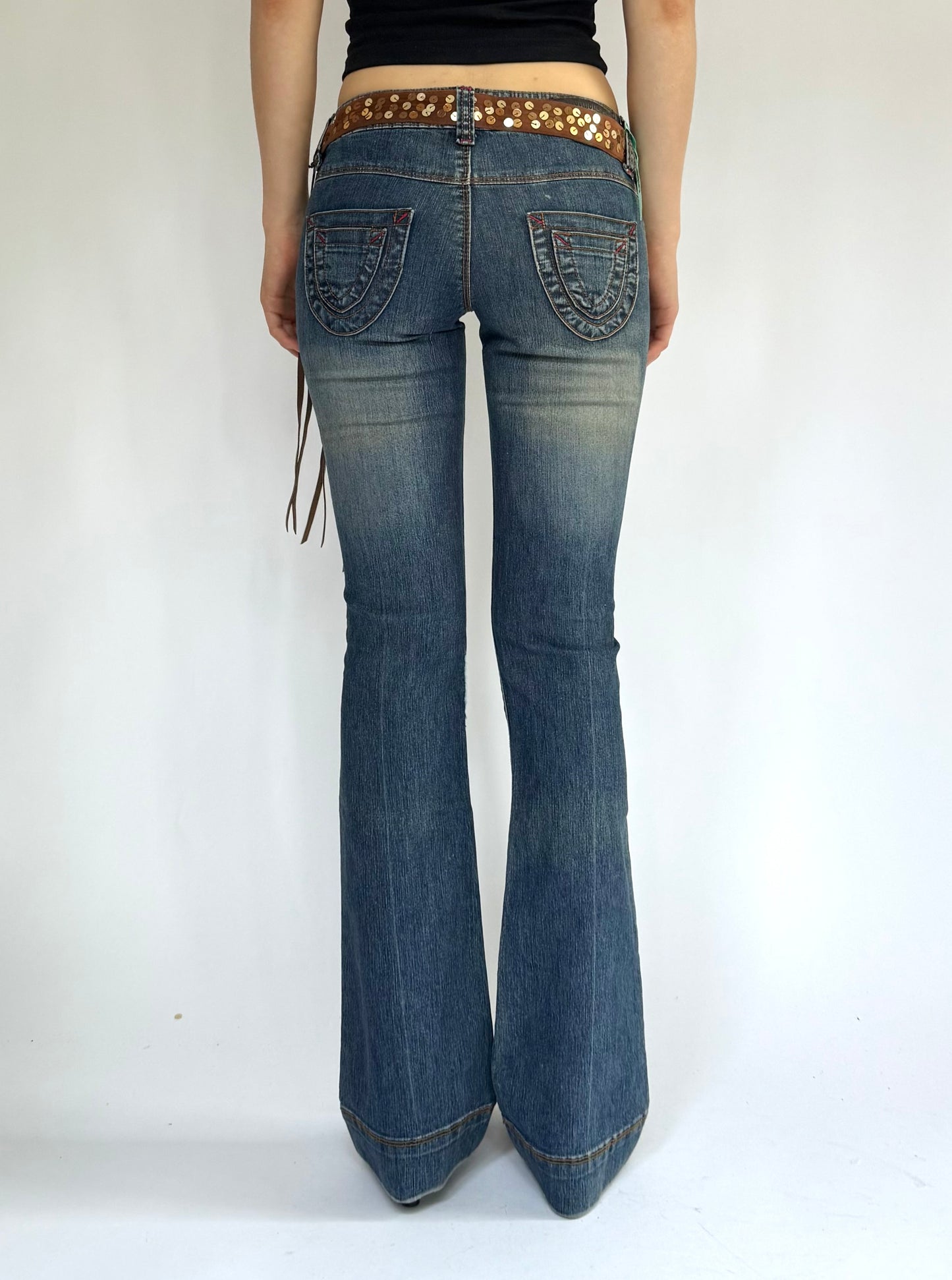 Y2K deadstock DOLLHOUSE charm low rise belted dark wash flared jeans