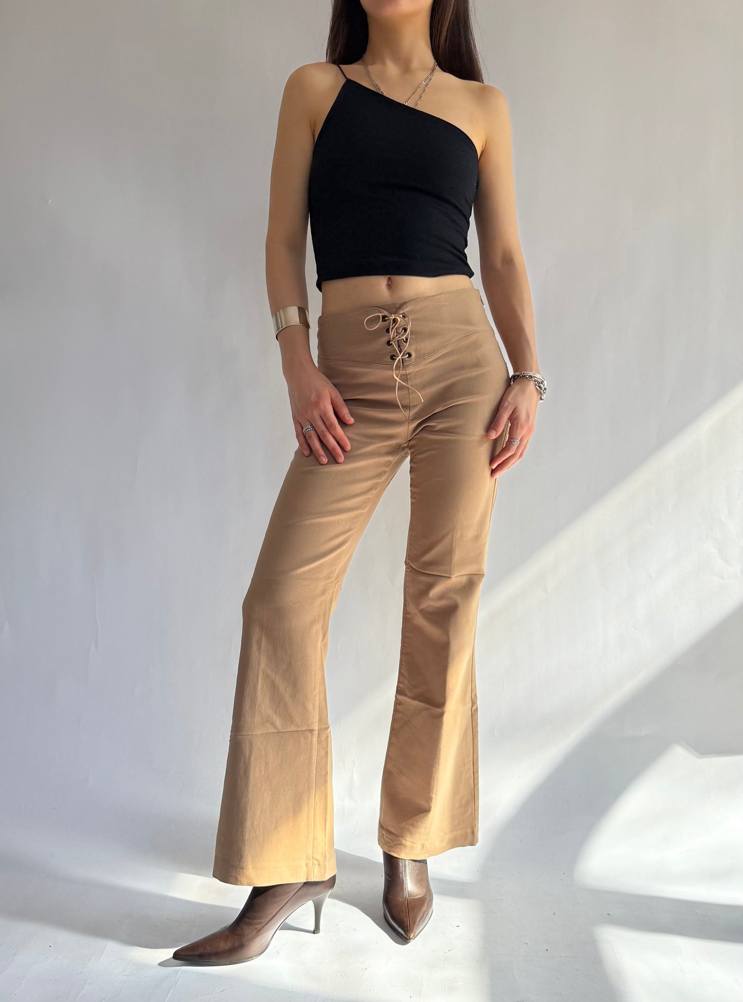 Y2K tan mid rise flare pants with lace up detail