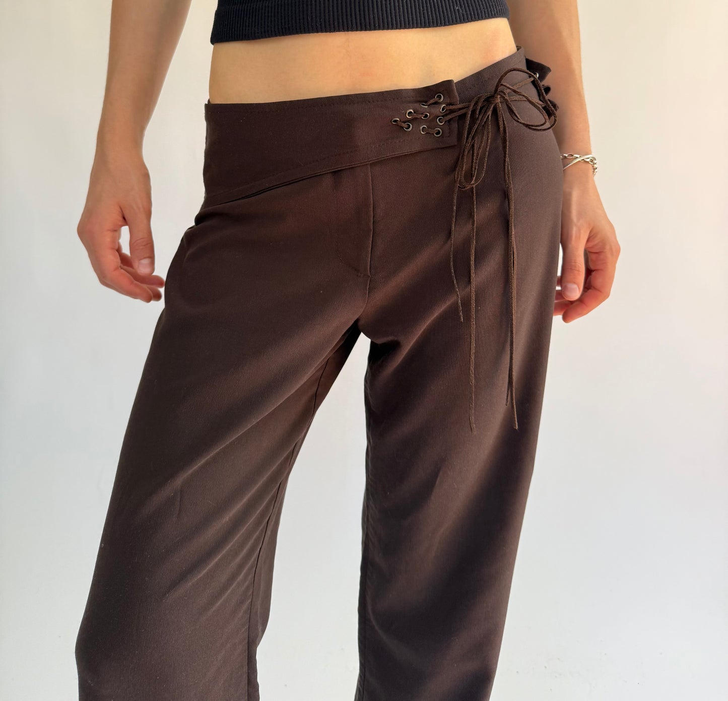 Y2K Brown low rise wide leg trousers with tie waist