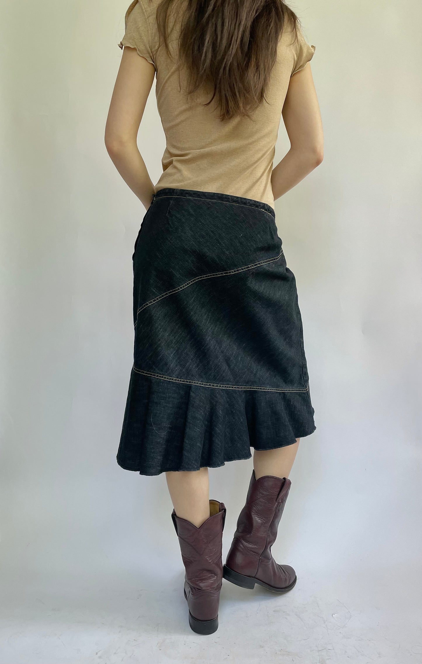 Y2K low rise denim midi skirt