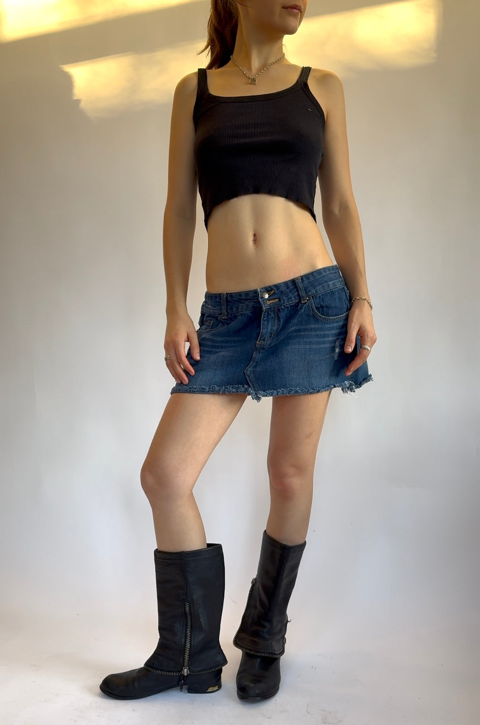 Y2K dark wash low rise mini skirt