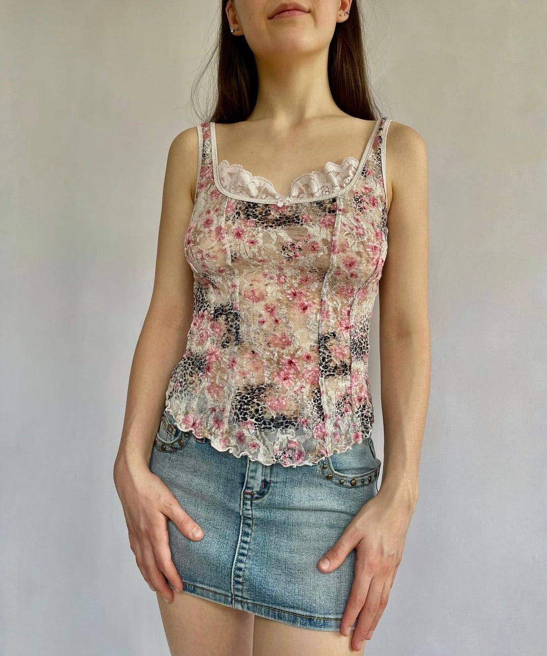 Vintage floral bustier mesh top