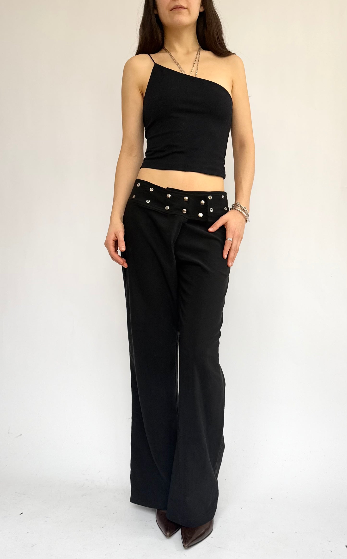 Y2K black flared studed waistband pants