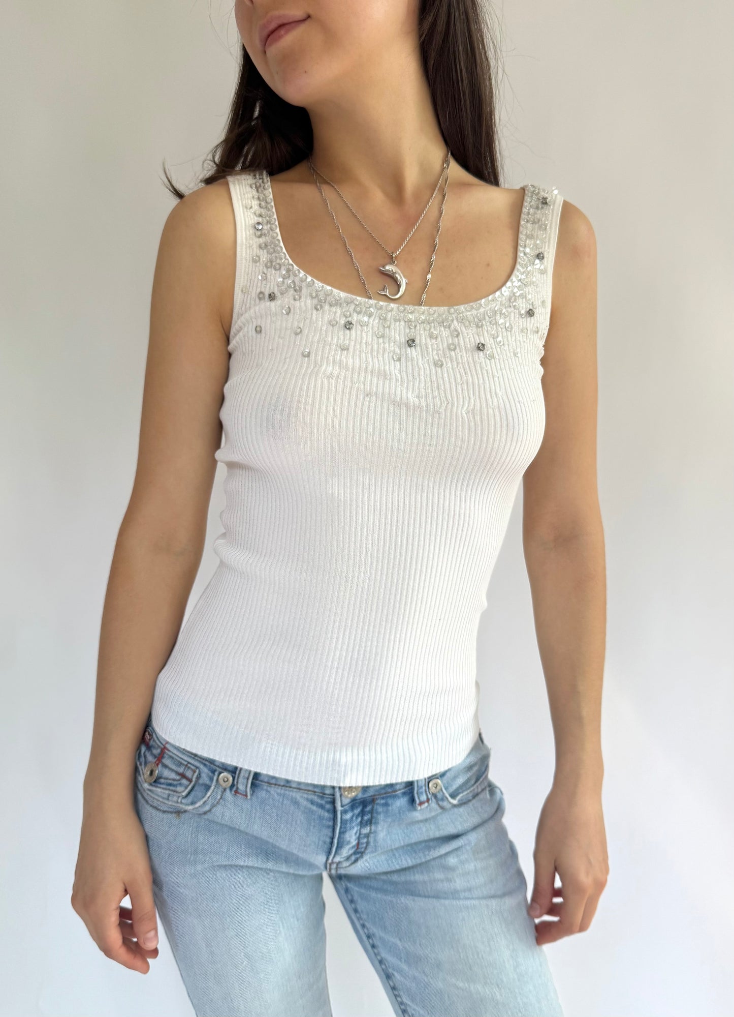 Y2k white beaded top
