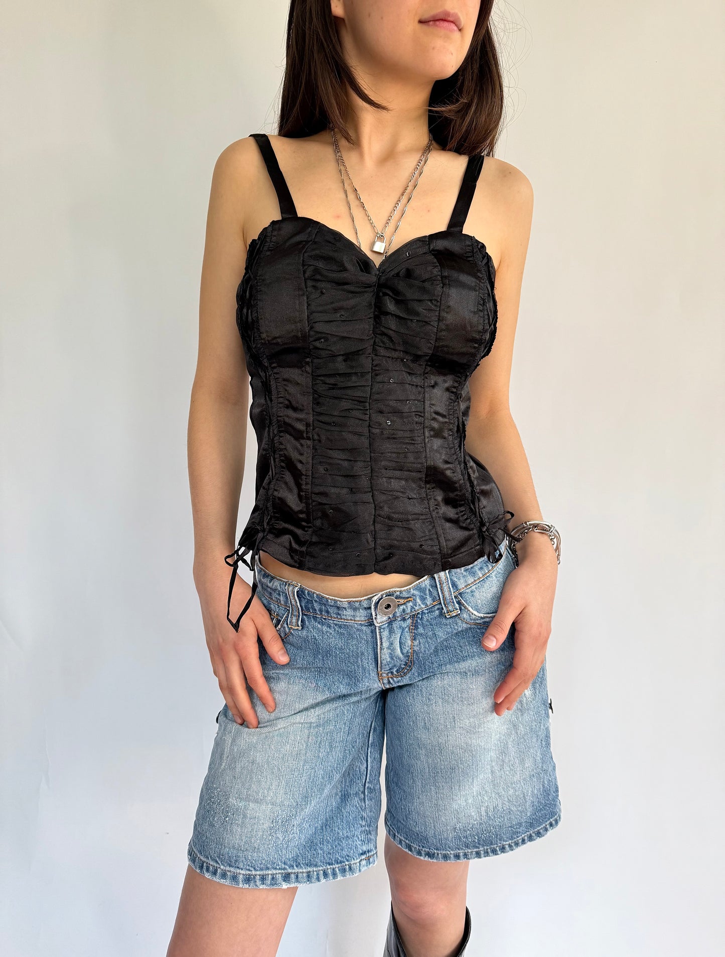 Y2k black satin corset top with lace up detailing and sparkles