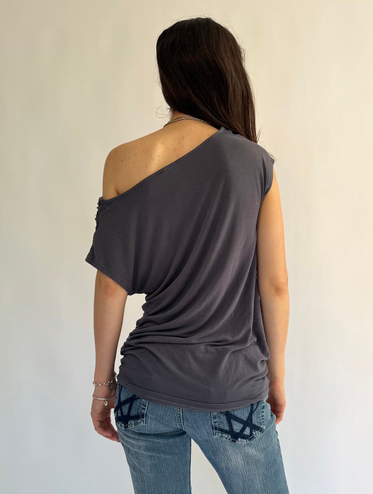Y2K dark grey slouchy off the shoulder top grunge core