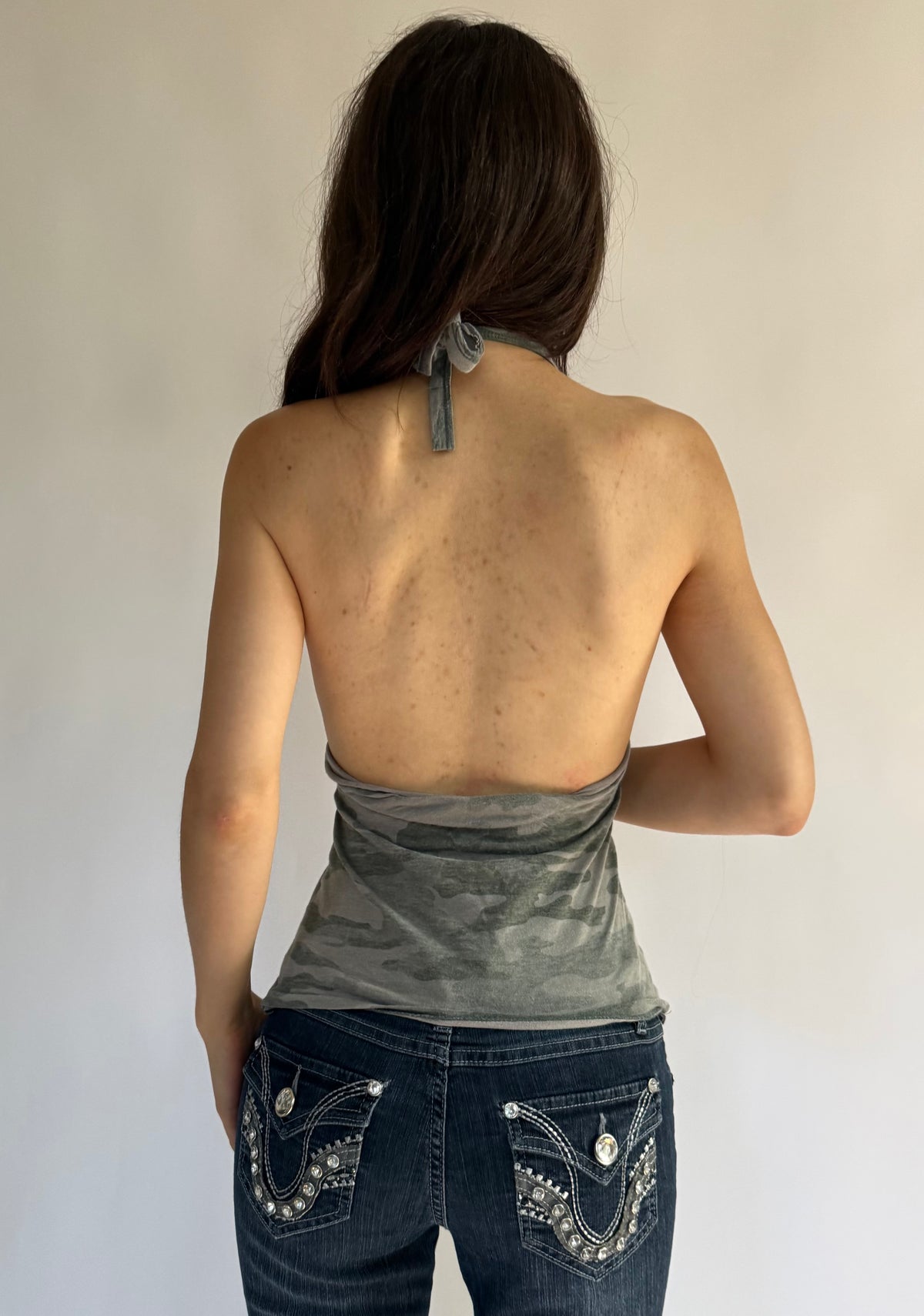 Reworked Y2K inspired camo print halter top