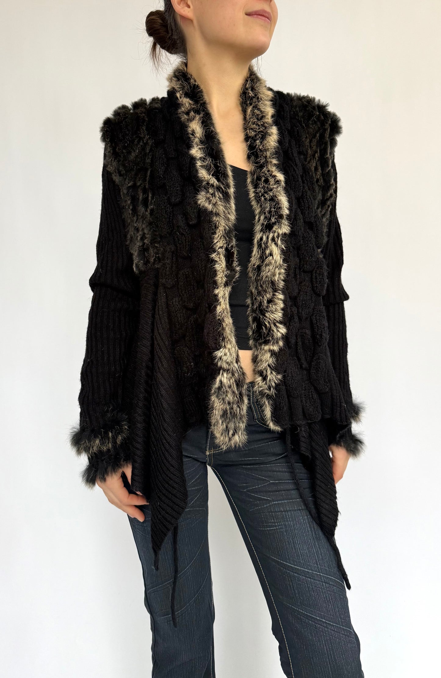 Y2K Black jacket with rabbit fur trim and ruffles
