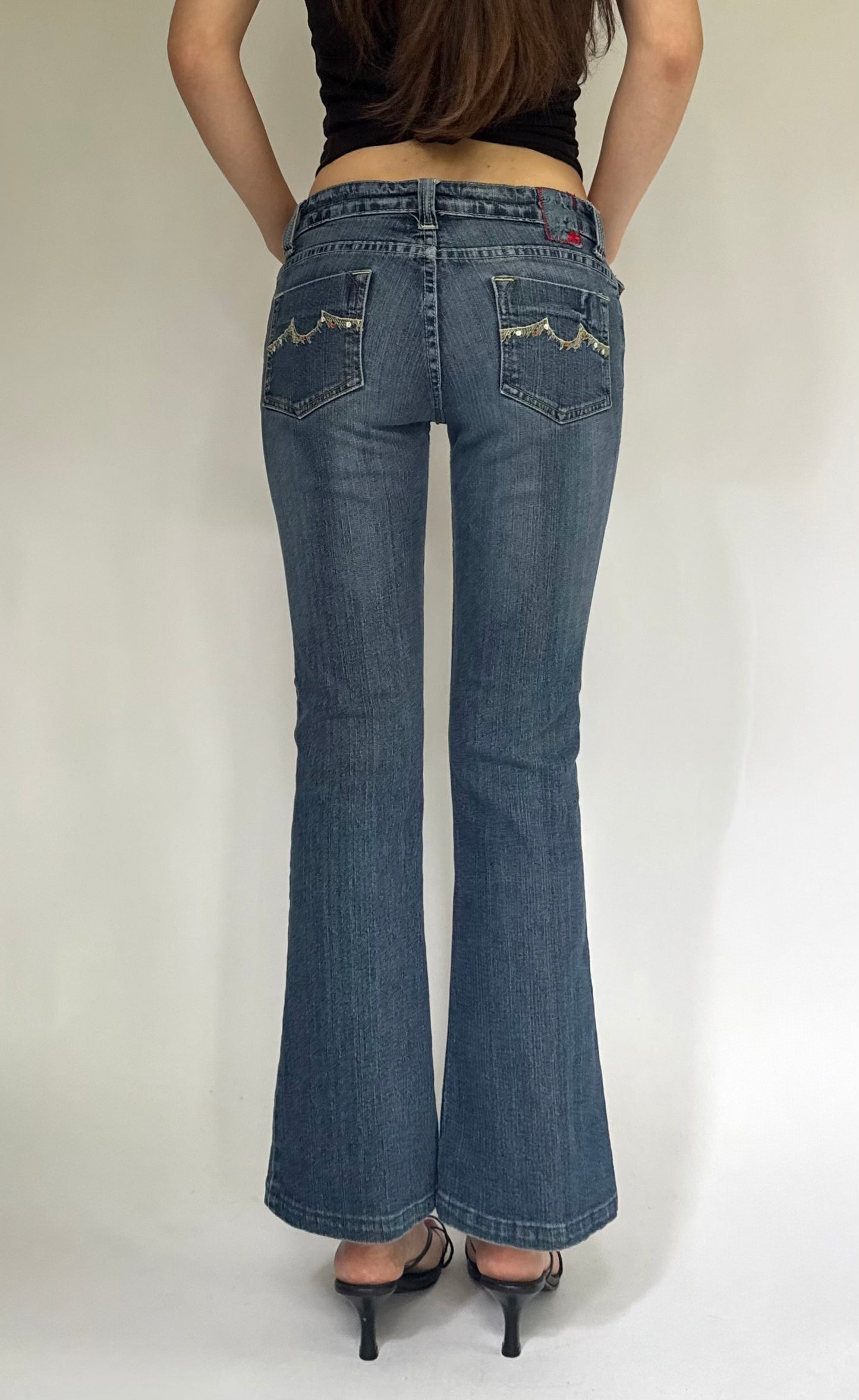 Y2K low rise flared jeans with embroidered flowers