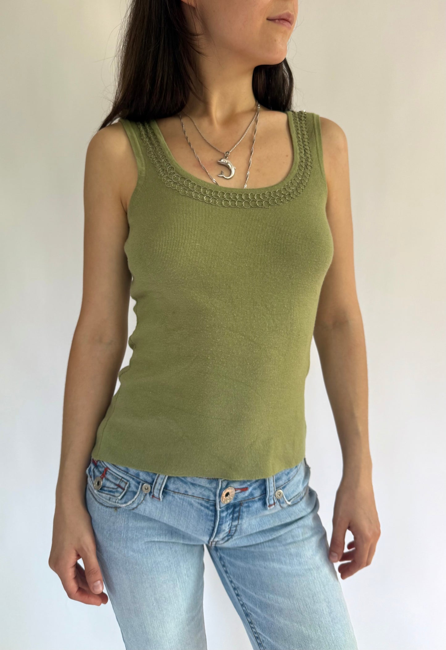 Y2k green beaded neckline top