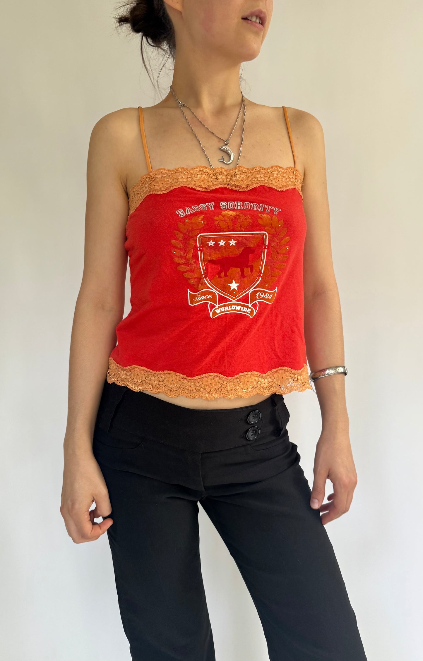 Y2k lacey cami top with sassy logo