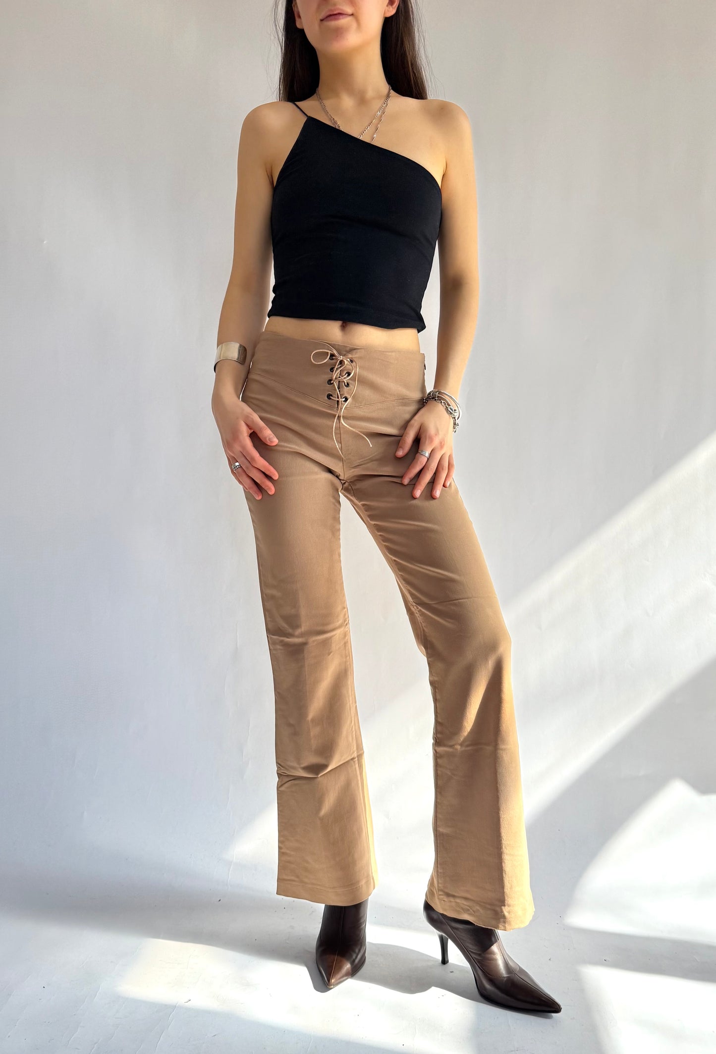 Y2K tan mid rise flare pants with lace up detail