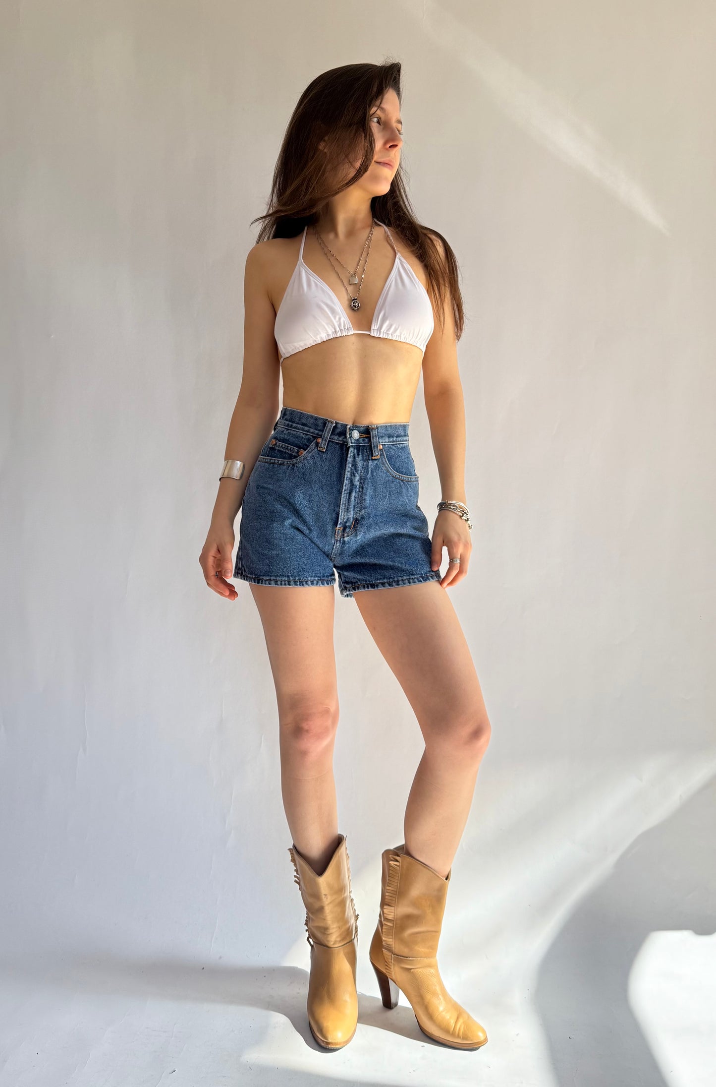 Insane vintage 90s High-waisted denim shorts with American flag patch by Request