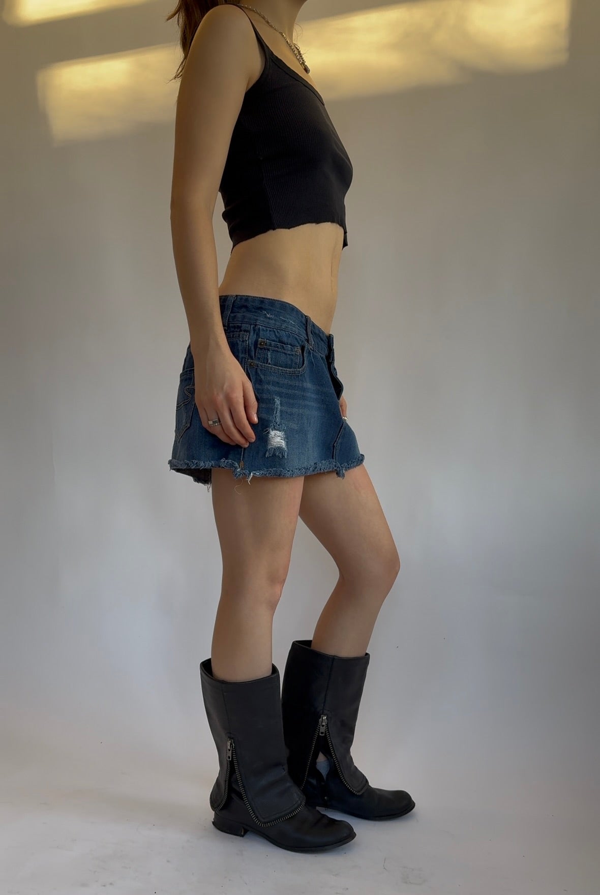 Y2K dark wash low rise mini skirt