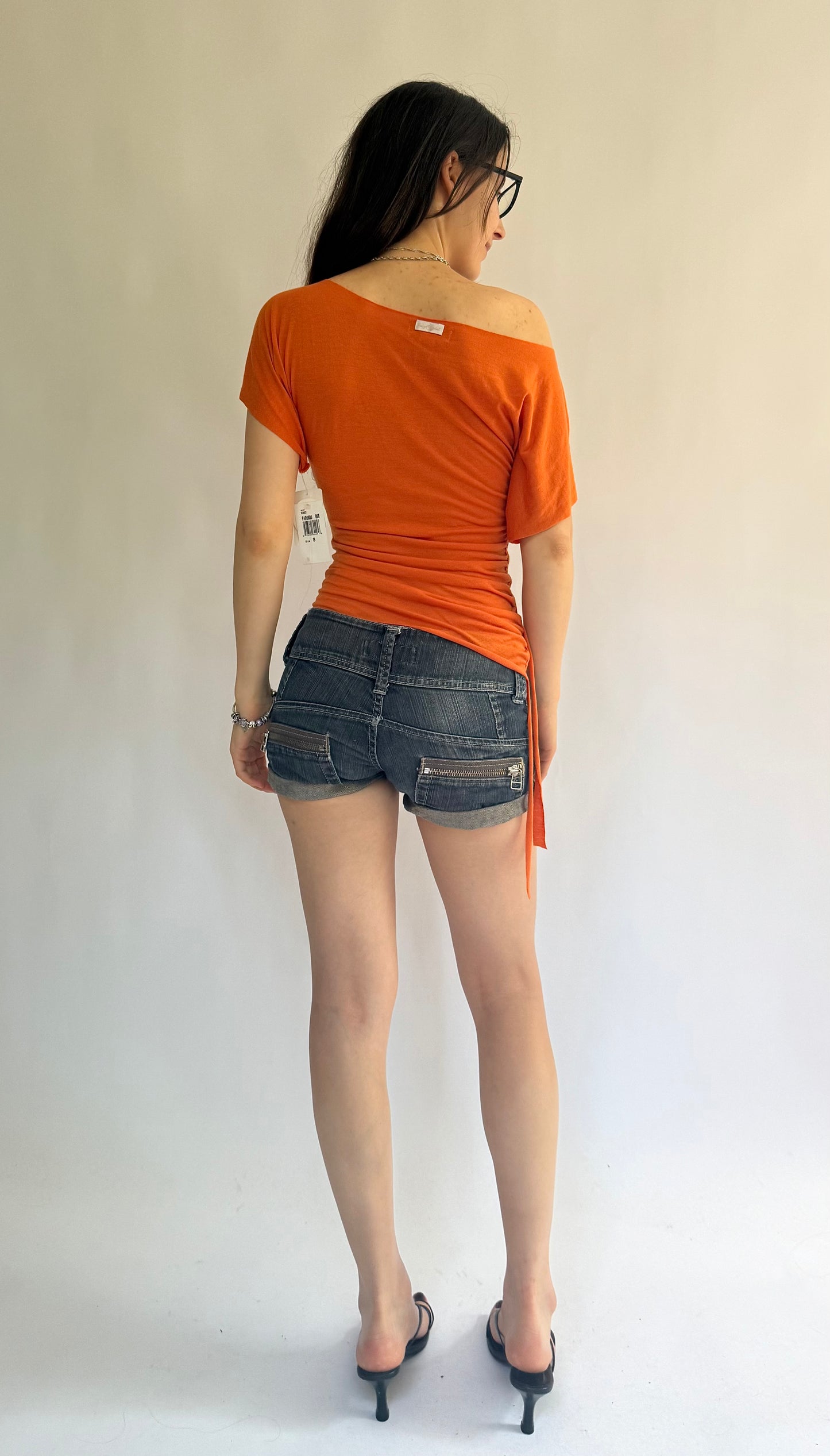 Y2K Deadstock BABYPHAT orange off the shoulder top with gold detailing and side tie