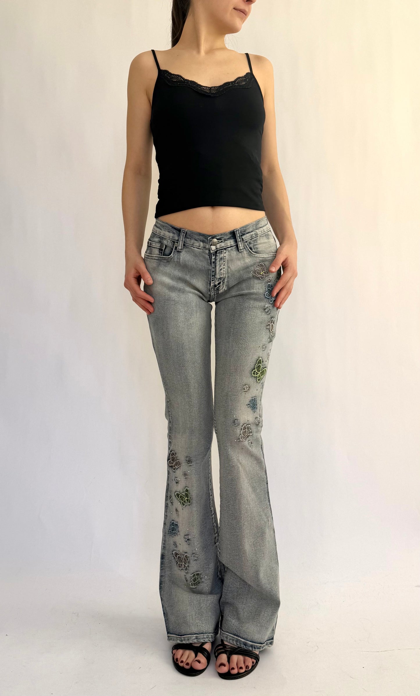 Y2K/2000s insane low rise flared butterfly patch jeans