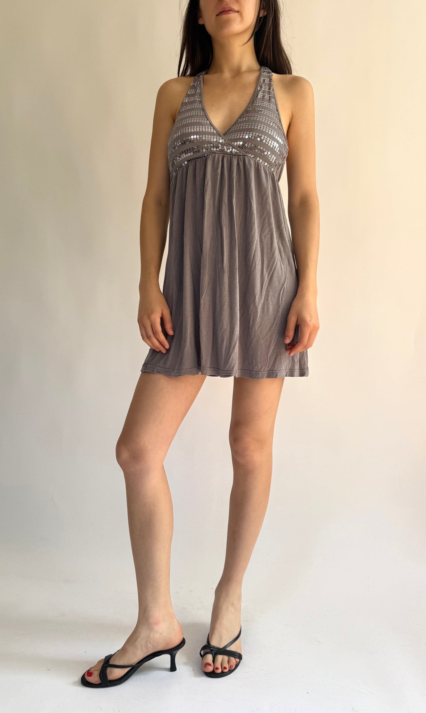 Y2K Grey and silver sequin halter neck mini dress