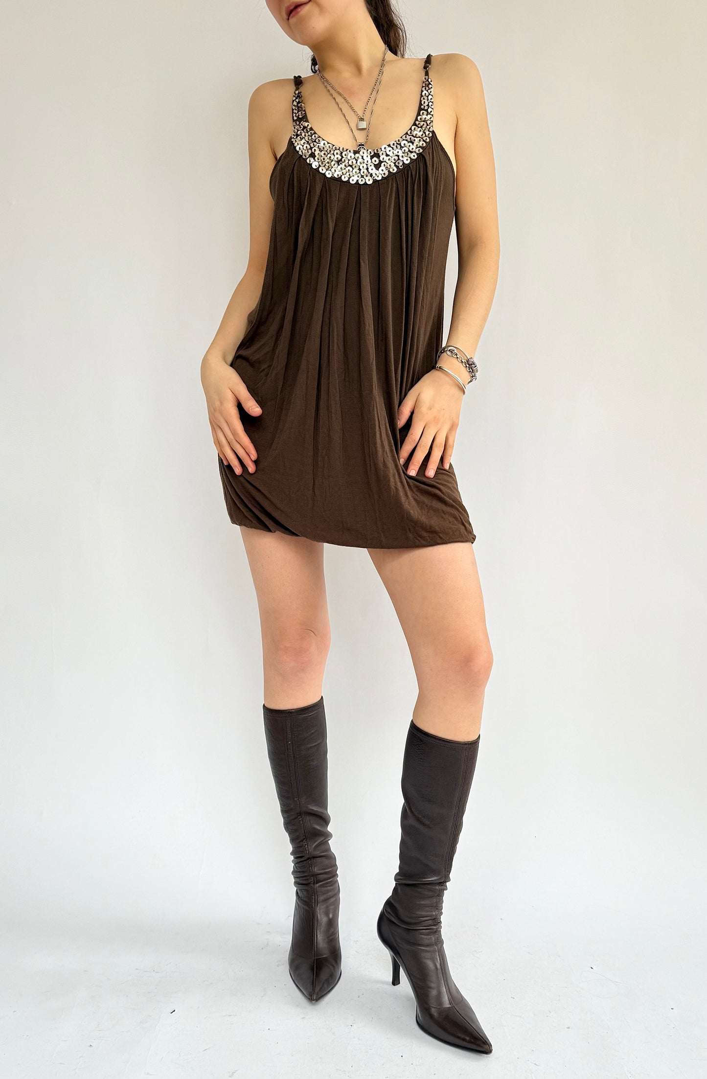 Y2K Brown mini dress with beaded neckline and spaghetti straps