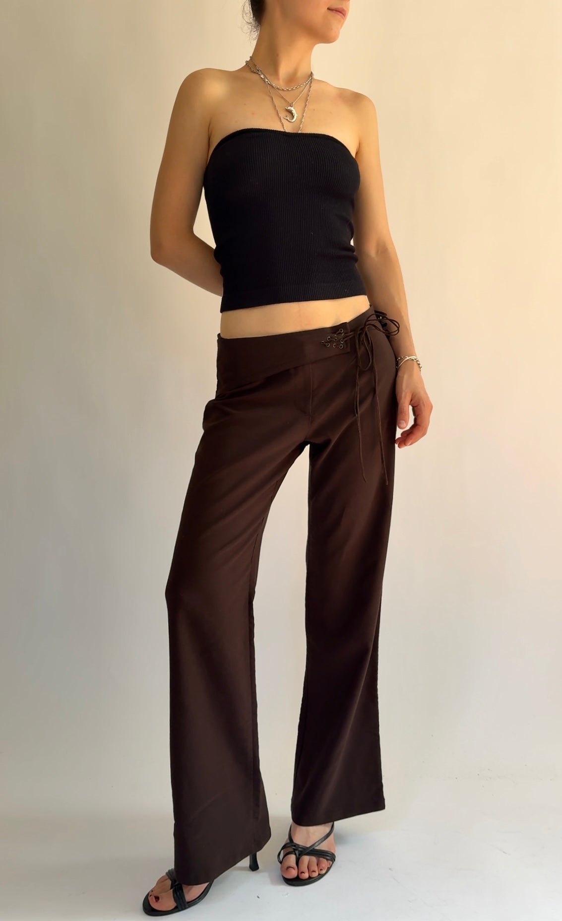 Y2K Brown low rise wide leg trousers with tie waist
