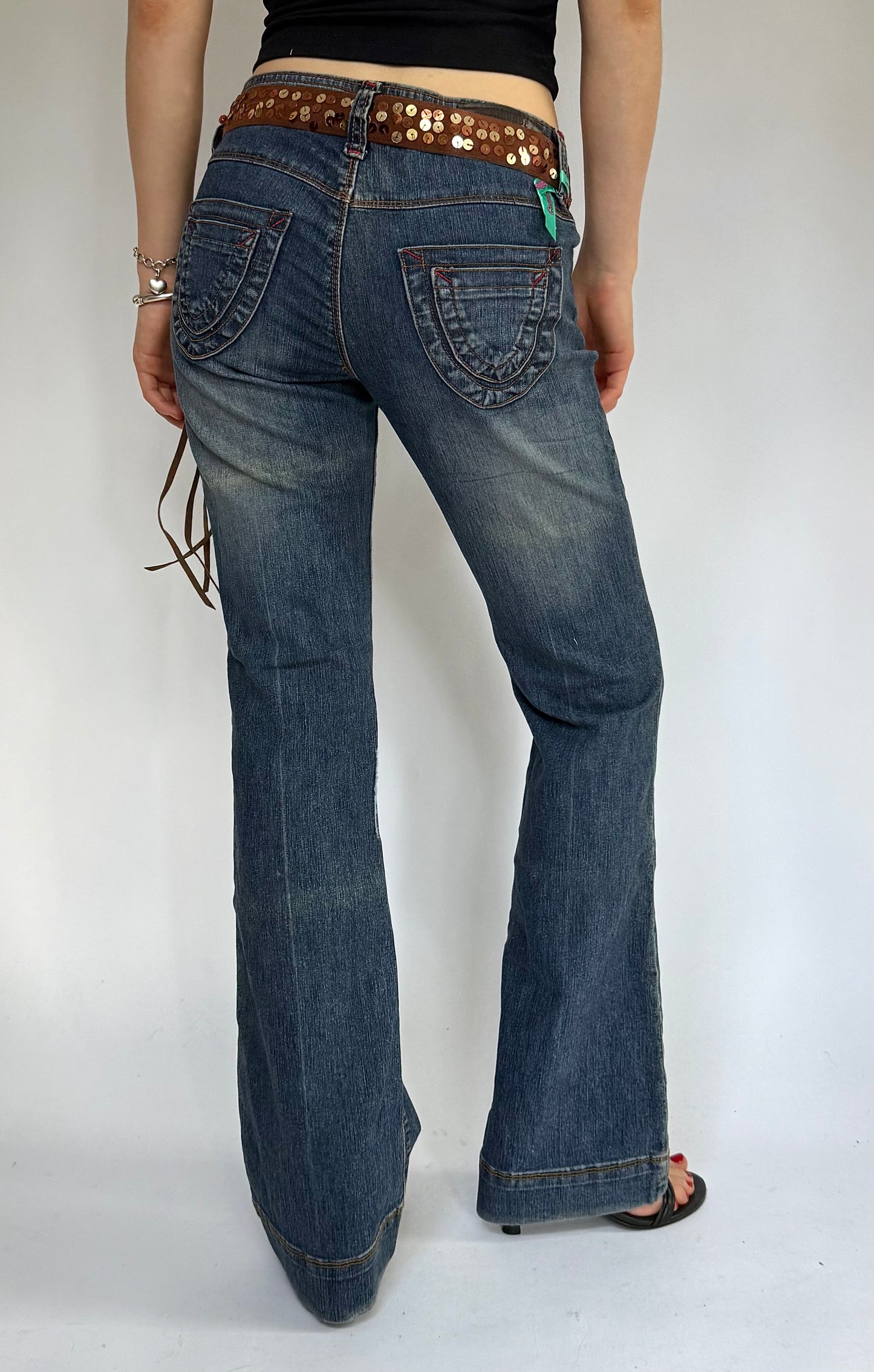 Y2K deadstock DOLLHOUSE charm low rise belted dark wash flared jeans