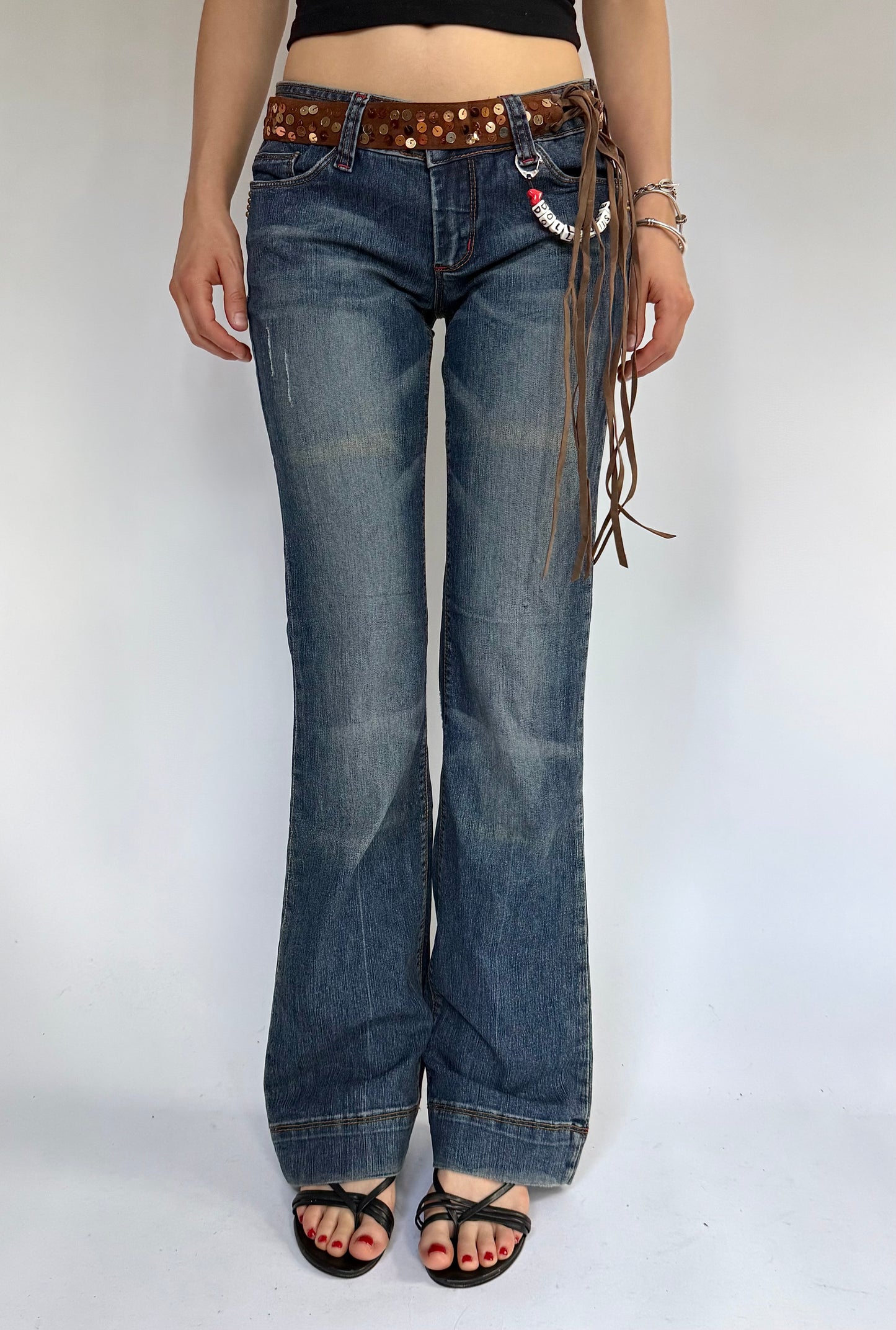 Y2K deadstock DOLLHOUSE charm low rise belted dark wash flared jeans