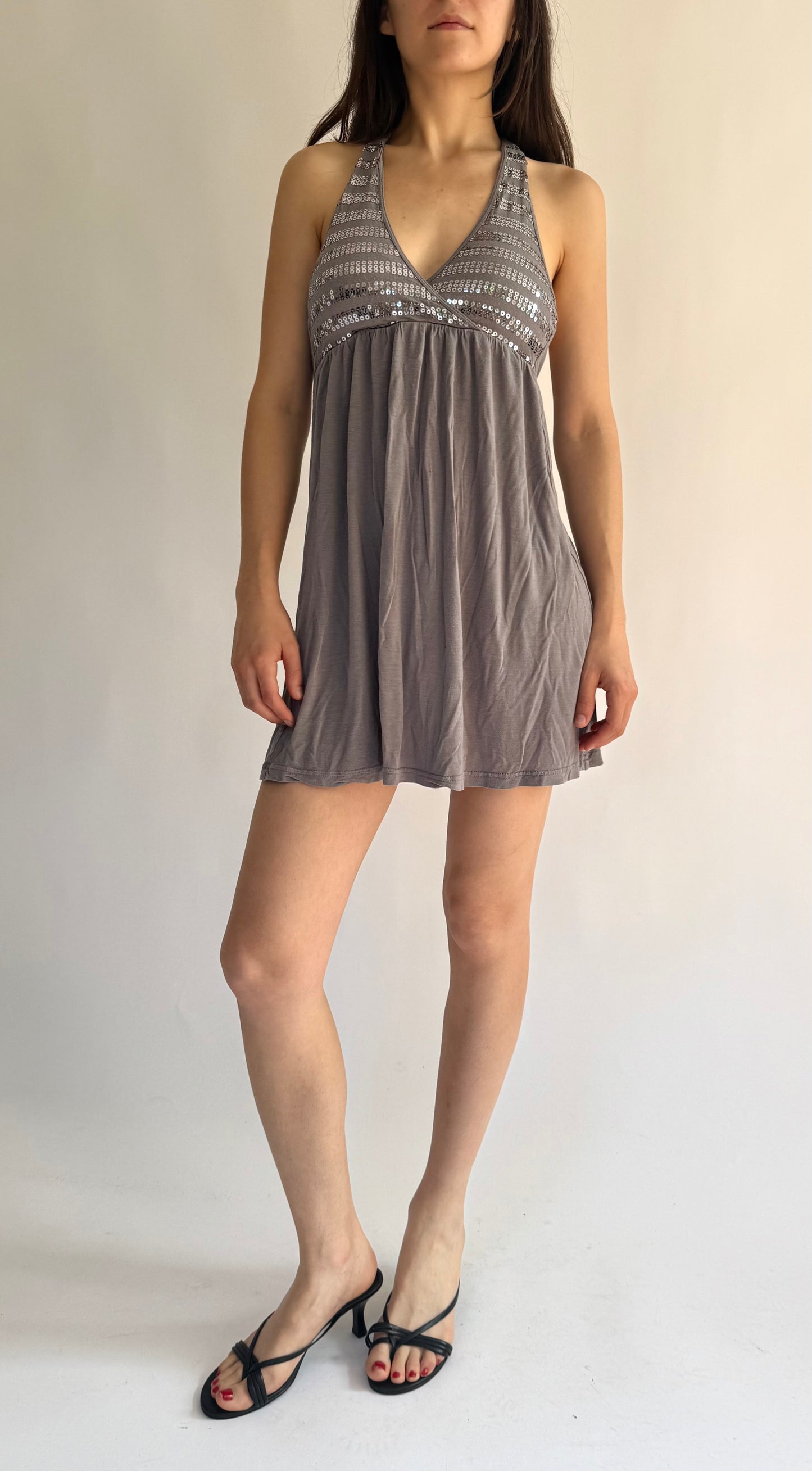 Y2K Grey and silver sequin halter neck mini dress