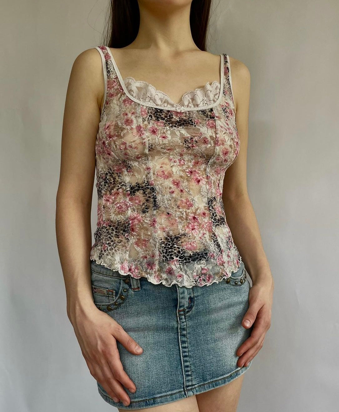 Vintage floral bustier mesh top