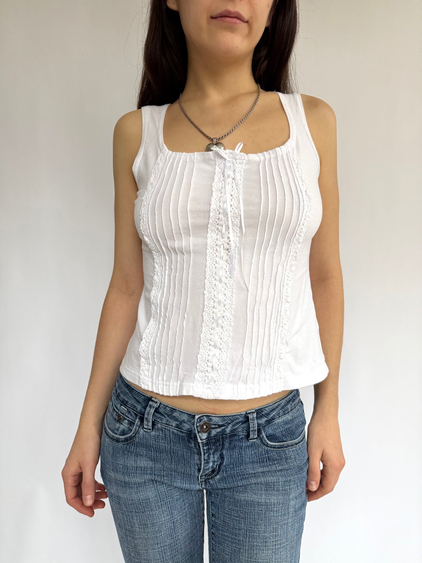 Y2K white cotton top with lace trim and front tie detail