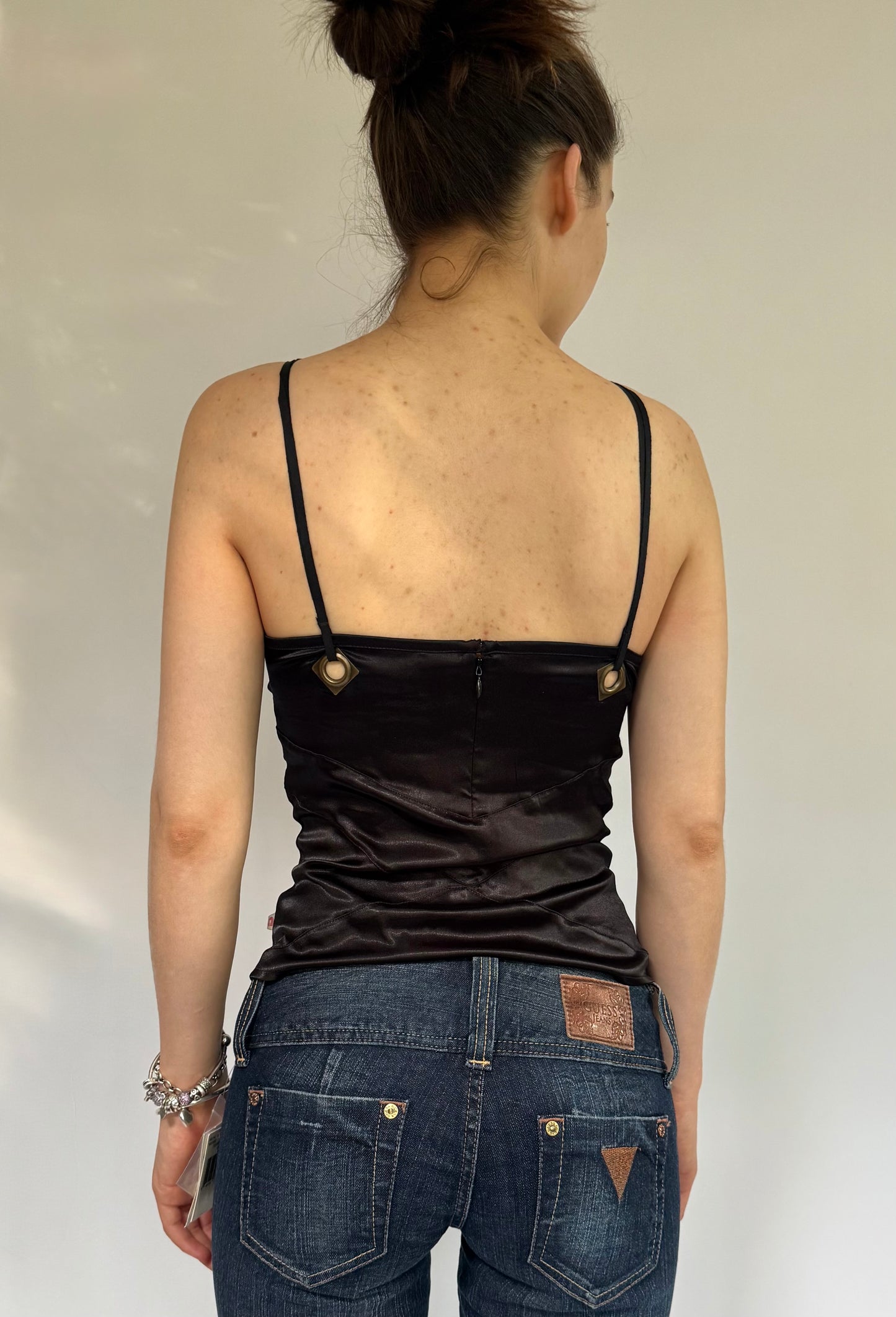 Y2K deadstock Black satin cami bustier top with gold logo and eyelets by AKADEMIKS