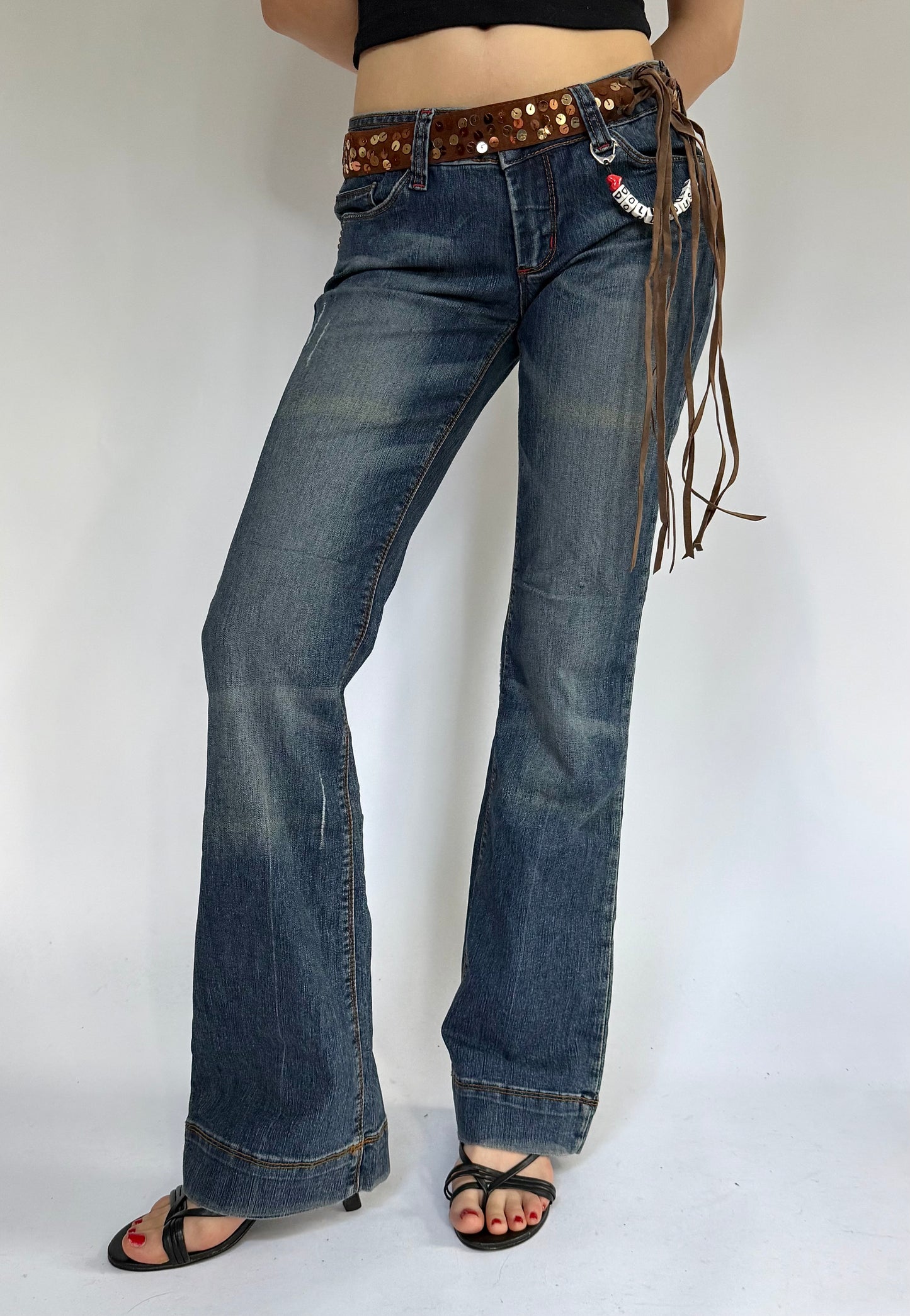 Y2K deadstock DOLLHOUSE charm low rise belted dark wash flared jeans