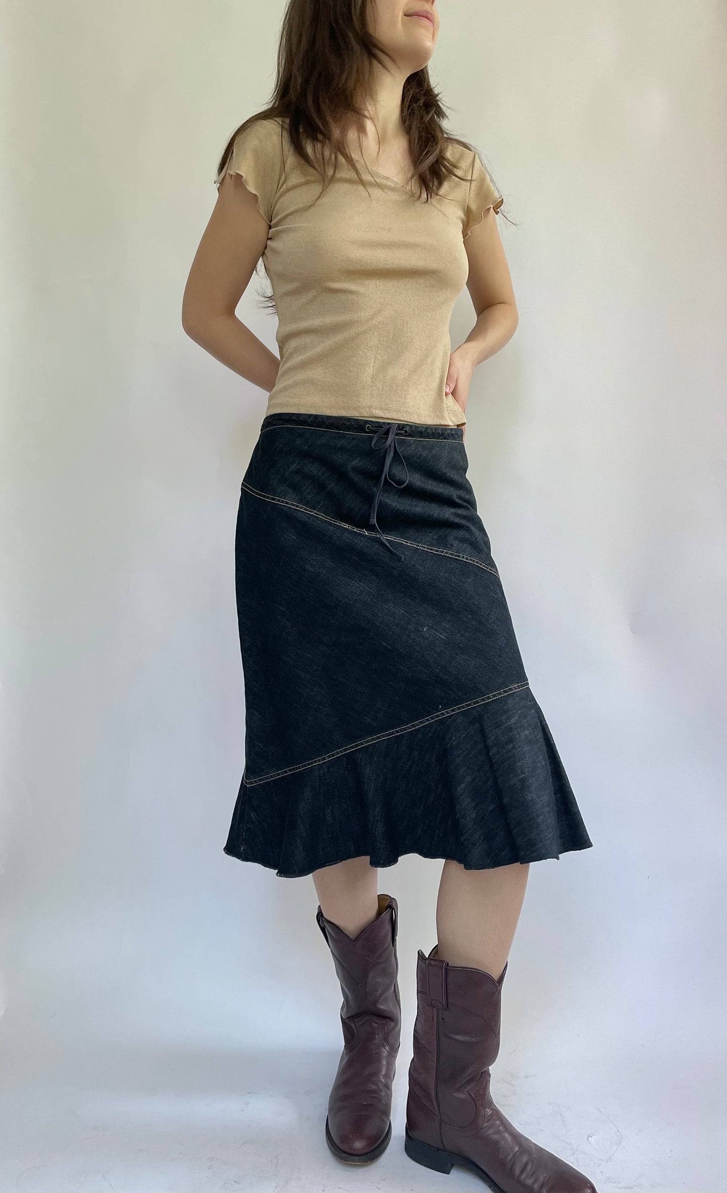 Y2K low rise denim midi skirt