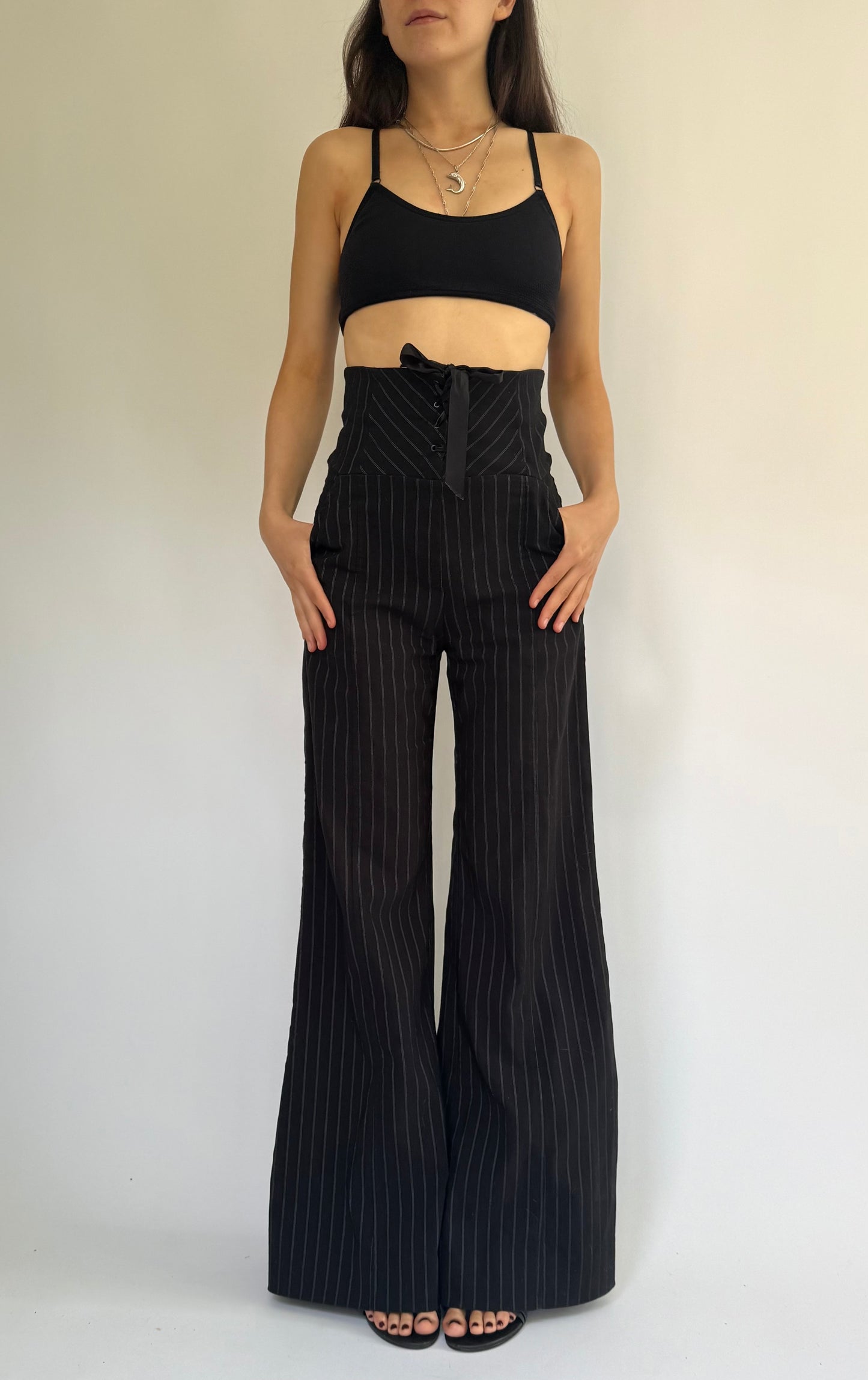 Y2K lace up flared pinstriped pants by le chateau vintage