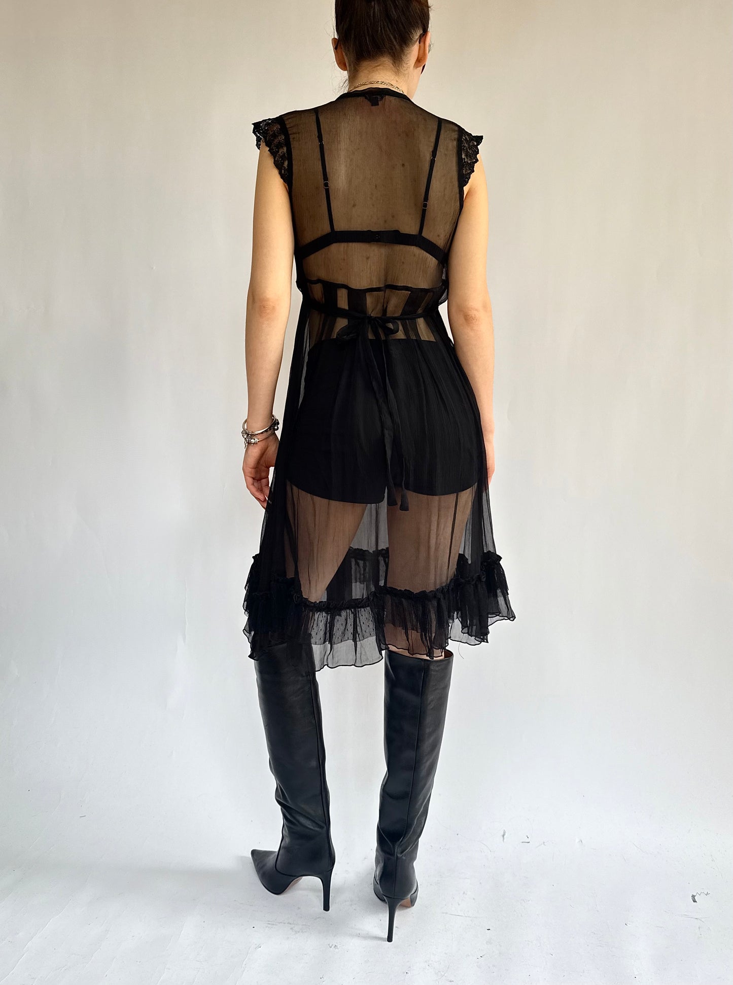 Vintage 90s Black mesh babydoll dress with ruffles and bow detail